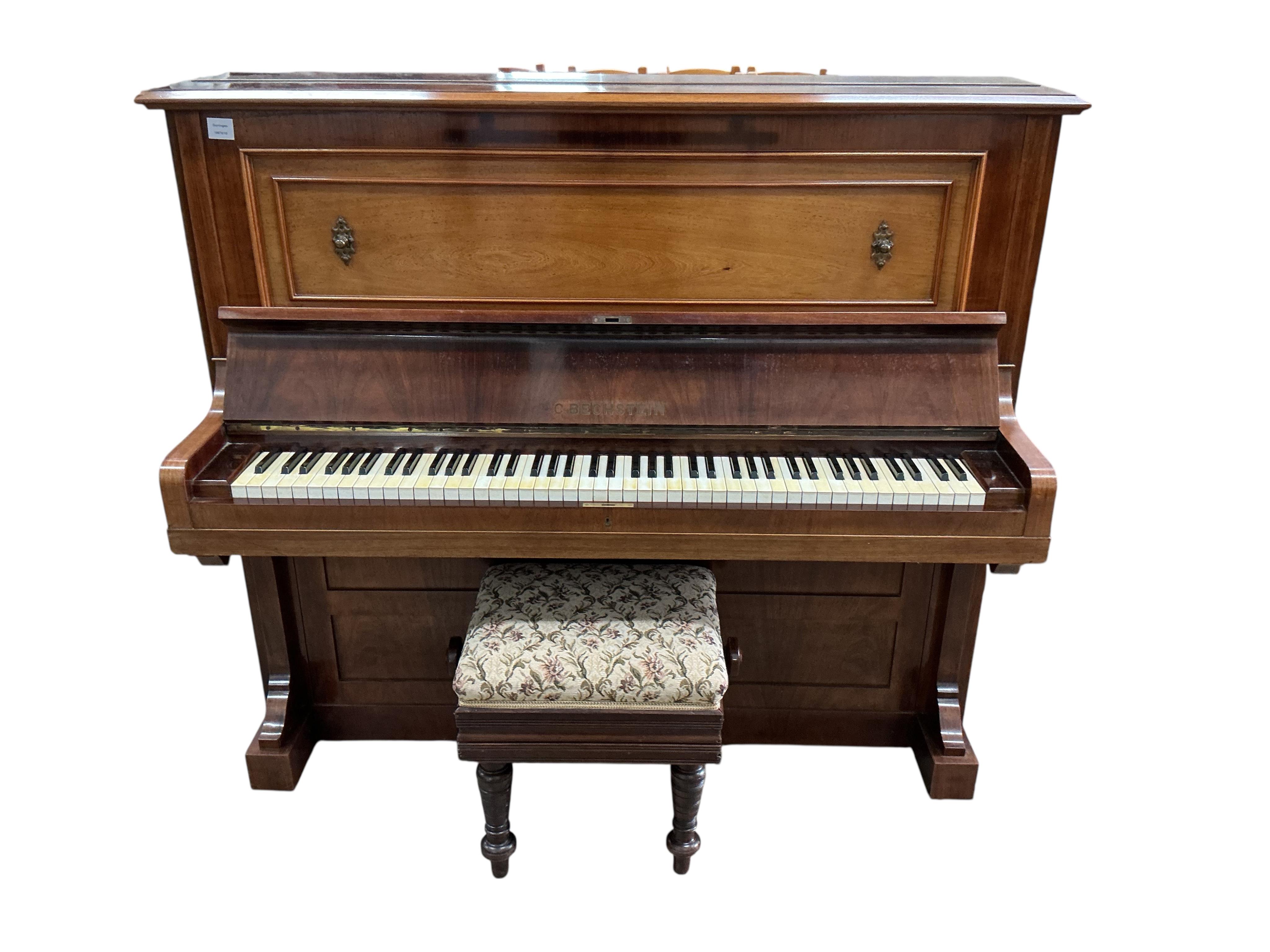 An early 20th century Bechstein mahogany upright piano, width 157cm, depth 60cm, height 129cm CITES Submission reference MD5BYGPG